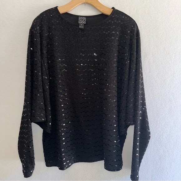 Clara Sun Woo Plus Size Black Sequin Butter Knit Dolman Sleeve Shiny Top USA 1X - Picture 1 of 5